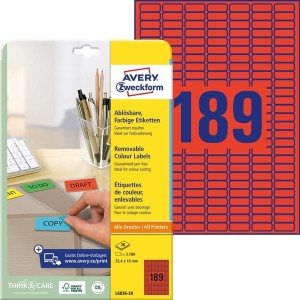 Etykiety usuwalne kolorowe Avery Zweckform; A4, 20 ark./op., 25,4 x 10 mm, czerwone /L6036-20/