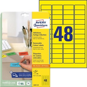 Etykiety usuwalne kolorowe Avery Zweckform 45,7 x 21,2 mm, 960 etykiet, żółte  /L6041-20/
