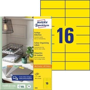Etykiety trwałe kolorowe Avery Zweckform; A4, 100 ark./op., 105 x 37 mm, żółte /3455/