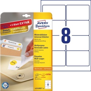 Etykiety uniwersalne Avery Zweckform usuwalne 96 x 63,5 mm, 240 etykiet 25 Arkuszy + 5 Arkuszy EXTRA /L4745REV-25/