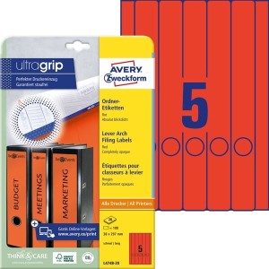 Etykiety na segregatory Avery Zweckform; A4, 20 ark./op., 38 x 297 mm, czerwone /L4748-20/