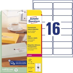 Etykiety adresowe przezroczyste Avery Zweckform; A4, 25 ark./op., 99,1 x 33,9 mm /L7562-25/