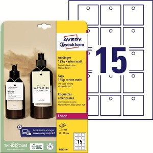 Etykiety/zawieszki kartonowe 50x50 białe 185g AVERY ZWECKFORM mikroperforowane 10 ARKUSZY 150 etykiet  /T1002-10/
