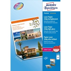 Papier Premium do kolorowych drukarek laserowych obustronnie powlekany, wysokobłyszczący 250g, 210 x 297 mm, biały, Avery Zweckform /2498/