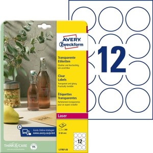 Etykiety poliestrowe 60mm okrągłe wodoodporne AVERY ZWECKFORM trwałe transparentne 25 arkuszy 300 etykiet  /L7787-25/