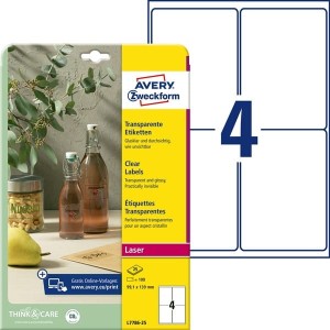Etykiety poliestrowe 99,1x139 AVERY ZWECKFORM trwałe transparentne 25ark 100 etykiet /L7786-25/