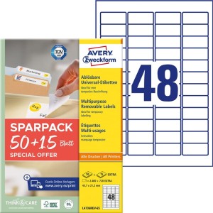 Etykiety papierowe  47x21,2mm białe AVERY ZWECKFORM ULTRA GRIP usuwalne 50+15ark 65 etykiet /L4736REV-65/