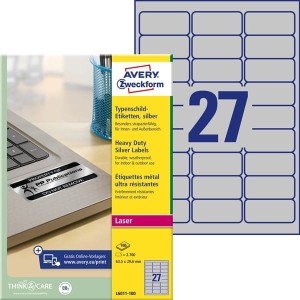 Etykiety znamionowe srebrne Avery Zweckform; A4, 100 ark./op., 63,5 x 29,6 mm, poliestrowe /L6011-100/