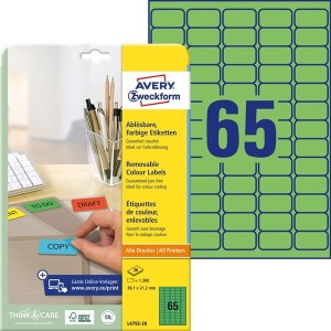 Etykiety usuwalne kolorowe Avery Zweckform; A4, 20 ark./op., 38,1 x 21,2 mm, zielone /L4792-20/