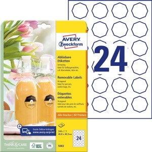 Etykiety papierowe ośmiokątne 40,8x40,3 AVERY ZWECKFORM usuwalne białe 10ark 240 etykiet /5082/