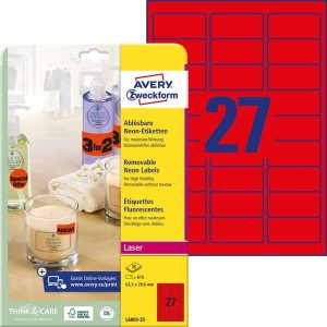 Etykiety neonowe Avery Zweckform; A4, 25 ark./op., 63,5 x 29,6 mm, czerwone neonowe /L6003-25/