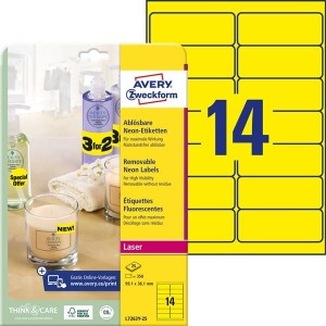 Etykiety neonowe Avery Zweckform; A4, 25 ark./op., 99,1 x 38,1  mm, żółte neonowe /L7263Y-25/