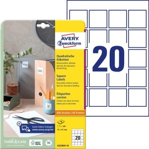 Etykiety papierowe 45x45 AVERY ZWECKFORM usuwalne białe 10 ark 200 etykiet /6252REV-10/