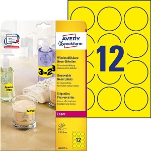 Etykiety papierowe okrągłe 63,5mm AVERY ZWECKFORM usuwalne neon żółte 25 arkuszy 300 etykiet / L7670Y-25/