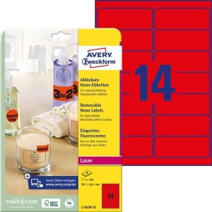 Etykiety papierowe 99,1x38,1 AVERY ZWECKFORM usuwalne neon czerwone 25ark 350 etykiet /L7263R-25/
