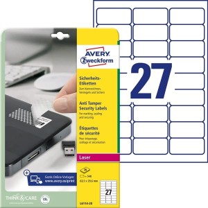 Etykiety poliestrowe zabezpieczające - plomby 63,5x29 AVERY ZWECKFORM trwałe białe 20 ark 540 etykiet /L6114-20/
