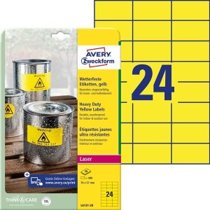 Etykiety poliesterowe 70x37 wodoodporne AVERY ZWECKFORM HEAVY DUTY trwałe żółte 20 arkuszy 480 etykiet /L6131-20/