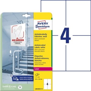 Folia samoprzylepna antydrobnoustrojowa (antybakteryjna) usuwalna 105x148mm AVERY ZWECKFORM biała 10 arkuszy 40 etykiet /L8003REV-10/
