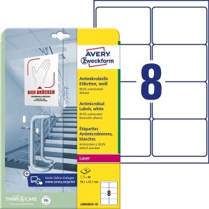 Folia samoprzylepna antydrobnoustrojowa (antybakteryjna) usuwalna 99,1x67,7mm AVERY ZWECKFORM biała 10 arkuszy 80 etykiet /L8004REV-10/