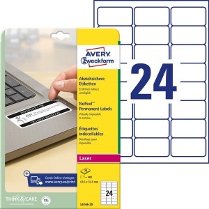 Etykiety poliestrowe zabezpieczające - plomby 63,5x33,9 AVERY ZWECKFORM trwałe białe 20ark 480 etykiet  /L6146-20/