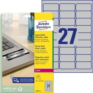 Etykiety poliestrowe 63,5x29,6 znamionowe AVERY ZWECKFORM trwałe srebrne 8 arkuszy 216 etykiet /L6011-8/