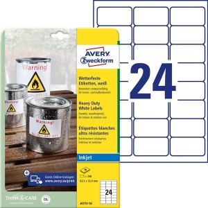 Etykiety poliesterowe 63,5x33,9 wodoodporne AVERY ZWECKFORM HEAVY DUTY trwałe białe 10 arkuszy 240 etykiet /J4773-10/