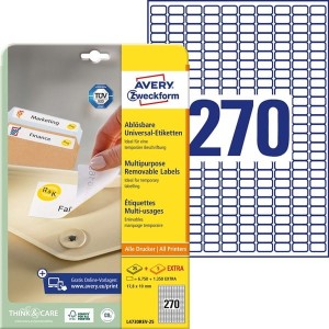 Etykiety uniwersalne Avery Zweckform usuwalne 17,8 x 10 mm, 8100 etykiet 25 Arkuszy + 5 Arkuszy EXTRA /L4730REV-25/
