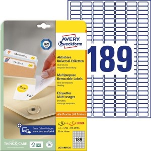 Etykiety uniwersalne Avery Zweckform usuwalne 25,4 x 10 mm, 189 etykiet/A4 25 Arkuszy + 5 EXTRA /L4731REV-25/