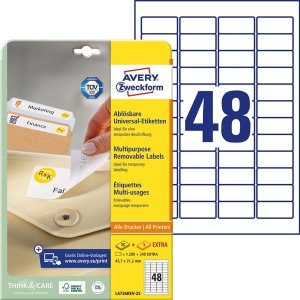 Etykiety uniwersalne Avery Zweckform usuwalne 45,7 x 21,2 mm, 48 etykiet/A4 25 Arkuszy + 5 Arkuszy EXTRA /L4736REV-25/