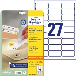 Etykiety uniwersalne Avery Zweckform usuwalne 63,5 x 29,6 mm, 810 etykiet 25 Etykiet + 5 Etkiet EXTRA /L4737REV-25/