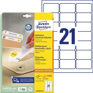 Etykiety uniwersalne Avery Zweckform usuwalne 63,5 x 38,1 mm, 630 etykiet 25 Arkuszy + 5 Arkuszy EXTRA /L6023REV-25/