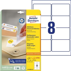 Etykiety uniwersalne Avery Zweckform usuwalne 96 x 63,5 mm, 240 etykiet 25 Arkuszy + 5 Arkuszy EXTRA