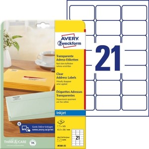 Etykiety adresowe Avery Zweckform 63,5 x 38,1 mm (do kopert C6) do drukarek atramentowych; przezroczyste /J8560-25/