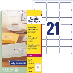 Etykiety adresowe przezroczyste Avery Zweckform; A4, 25 ark./op., 63,5 x 38,1 mm  /L7560-25/