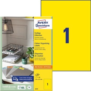 Etykiety trwałe kolorowe; A4, Avery Zweckform,100 ark./op., 210 x 297 mm, żółte /3473/