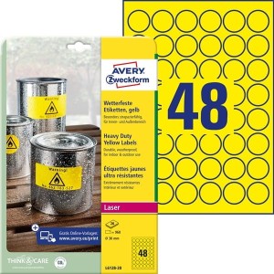 Etykiety Heavy Duty Avery Zweckform; A4, 20 ark./op., O30mm, żółte, poliestrowe  /L6128-20/