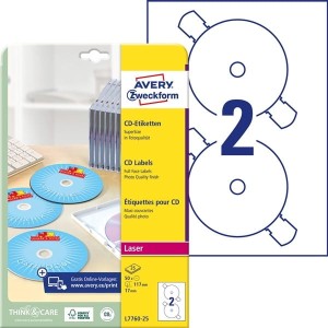 Etykiety na płyty CD Avery Zweckform; A4, 25 ark./op., o117 mm, błyszczące / L7760-25/