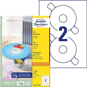 Etykiety na płyty CD/DVD Avery Zweckform ClassicSize 117 mm, 200 etykiet, matowe /L6043-100/