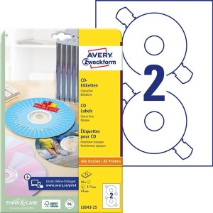 Etykiety na płyty CD Avery Zweckform; A4, 25 ark./op., o117 mm, białe /L6043-25/