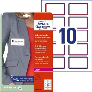 Samoprzylepne identyfikatory do zadruku Avery Zweckform; A4, 20 ark./op., 80 x 50 mm, czerwona ramka, sztuczny jedwab /L4786-20/