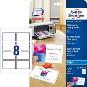 Wizytówki QuickClean; 85 x 54 mm, 200 szt., 240 g, wysokobłyszczące/matowe, białe, Avery Zweckform /C32028-25/