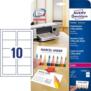 Wizytówki QuickClean; 85 x 54 mm, 250 szt., 270 g, satynowane, śnieżnobiałe, Avery Zweckform /C32028-25/