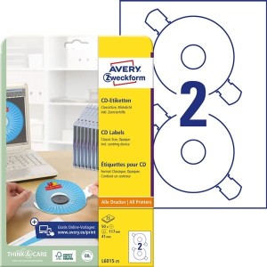 Etykiety na płyty CD Avery Zweckform; A4, 25 ark./op., o117 mm, białe /L6015-25/