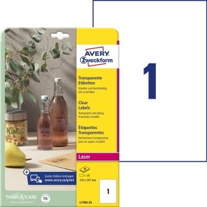 Etykiety przezroczyste Crystal Clear Avery Zweckform; A4, 25 ark./op., 210 x 297 mm / L7784-25/