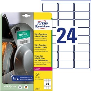 Etykiety polietylenowe ultra resistant Avery Zweckform, A4, 10 ark./op., 63,5 x 33,9mm, białe /L7912-10/