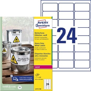 Etykiety Heavy Duty Avery Zweckform; A4, 100 ark./op., 63,5 x 33,9 mm, białe, poliestrowe /L4773-100/