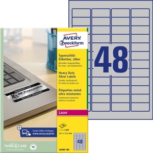 Etykiety znamionowe srebrne Avery Zweckform; A4, 100 ark./op., 45,7 x 21,2 mm, poliestrowe /L6009-100/