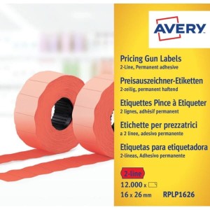 Etykiety cenowe w rolce do metkownicy dwurzędowej Avery Zweckform; trwałe; 1200 etyk./rolka; 10 rolek/op.; 16 x 26 mm, czerwone /RPLP1626/