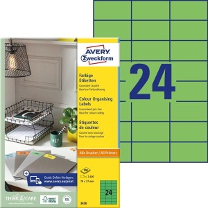 Etykiety trwałe kolorowe Avery Zweckform; A4, 100 ark./op., 70 x 37 mm, zielone /3450/